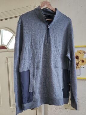 BUGATCHI Men’s Sz L Quarter Zip Pullover Jacket Sweatshirt Grey / Navy Accent